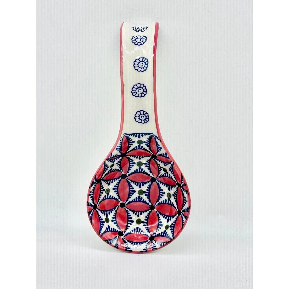 Red Blue Geometric Floral Pattern Spoon Rest Portuguese Tile Style